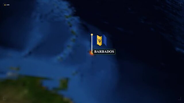 Barbados country location pin on digital globe map caribbean island geographic marker and national flag animation