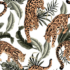 Tropical floral leaves , wild cat animal seamless pattern leopard background. Exotic wallpaper. © good_mood