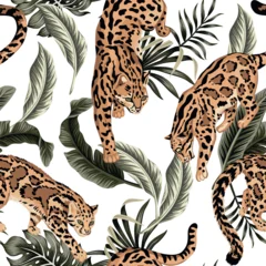 Tropical floral leaves , wild cat animal seamless pattern leopard background. Exotic wallpaper. © good_mood