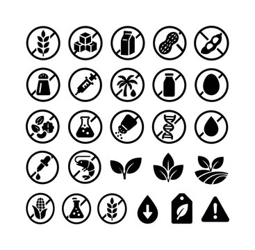Food Allergen Labels, solid glyph icon set of 25 fully filled black icons in a 5x5 grid showing gluten free, sugar free, lactose free, peanut free, soy free, salt free, hormone free, palm oil free,