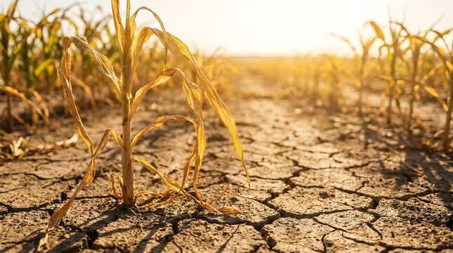 Wilted corn plant in dry cracked soil during a severe drought in an agricultural field at sunset
