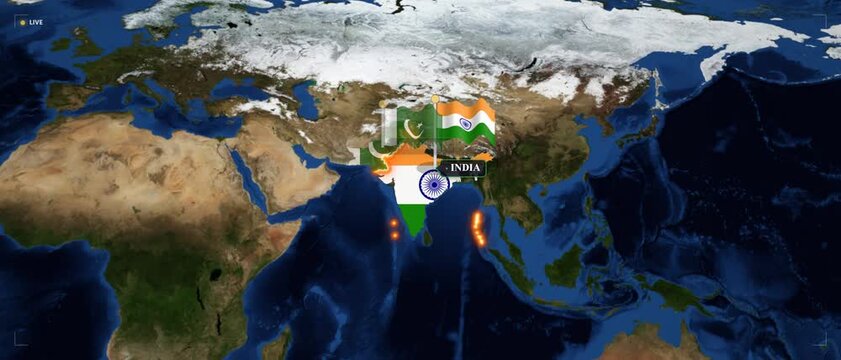 India and pakistan geopolitical map animation with national flags and glowing borders for news and international relations analysis