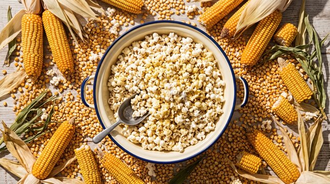Overhead view of a rustic bowl of freshly popped popcorn, surrounded by natural corn kernels and cobs. This wholesome snack evokes cozy entertainment and agricultural abundance.