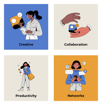 Creative, collaboration, productivity and social network business cards, outlined flat characters. Vector concept set