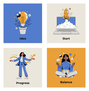 Idea, start, progress and balance business concept cards, outlined flat style with lightbulb, rocket and character. Vector set