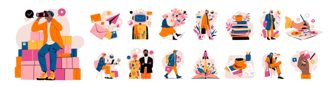 Digital business and marketing scenes banner with characters, flat cartoon style in coral palette. Vector header set
