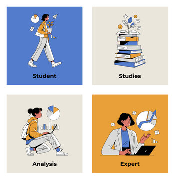 Student, studies, analysis and expert education cards with books, charts and characters, outlined flat style. Vector set