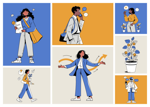 Business and technology concept collage, outlined flat characters with growth, finance and AI scenes. Vector set
