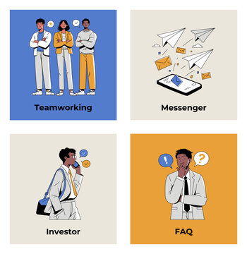 Teamwork, messenger, investor and FAQ business concept cards, outlined flat characters. Vector illustration set