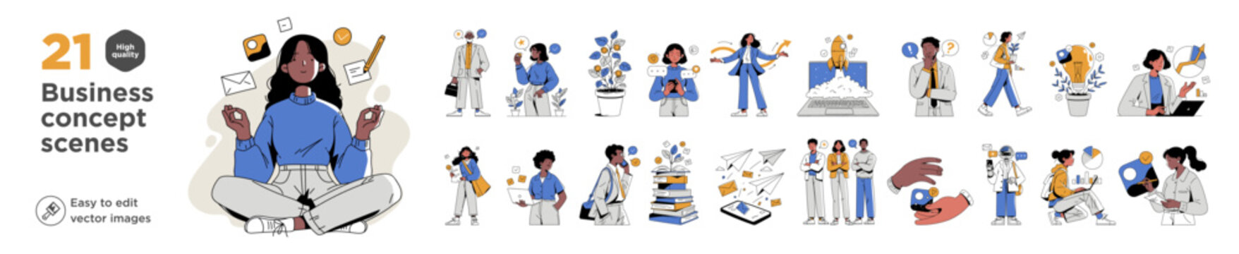 Business concept scenes banner with meditating woman and character thumbnails, outlined flat style. Vector header