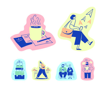 Coffee break, mail, delivery and everyday life scenes, minimal line style in pastel colors. Vector illustration set