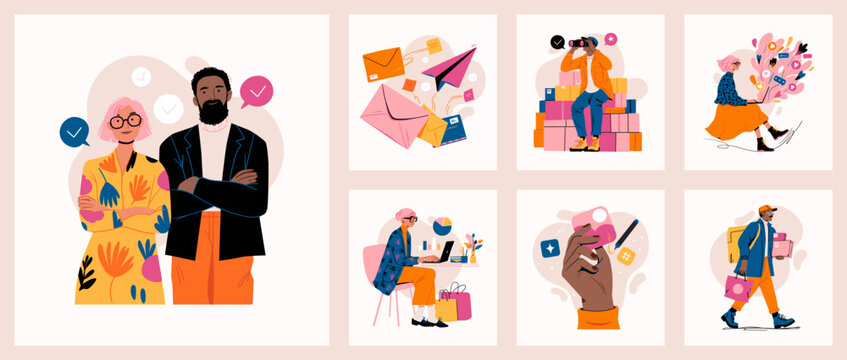 Business people, email, delivery and shopping scenes, flat cartoon characters in coral palette. Vector illustration set
