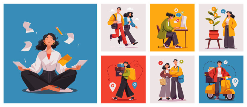 Business balance, delivery, shopping and finance scenes, flat cartoon characters in bright colors. Vector illustration set