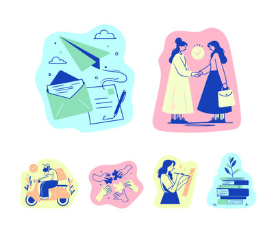 Email, partnership, delivery and education scenes, minimal line style in pastel colors. Vector illustration set