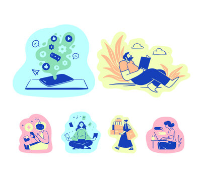 Social media, reading, chatbot and remote work scenes, minimal line style in pastel colors. Vector illustration set