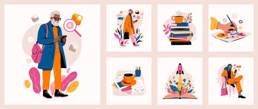 Search, reading, coffee break and creative work scenes, flat cartoon characters in coral palette. Vector set