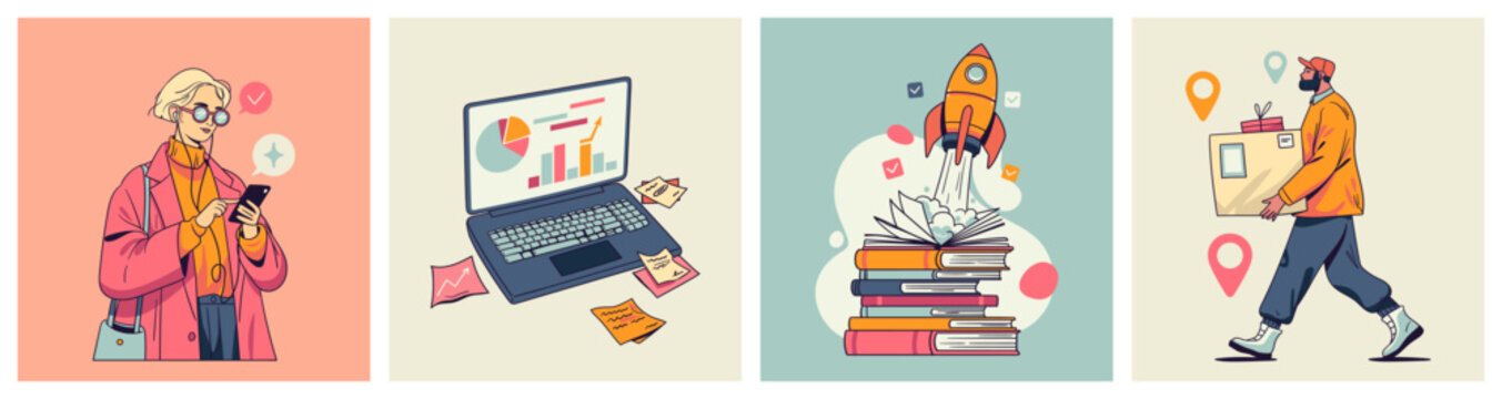 Mobile browsing, analytics, education startup and delivery scenes, retro flat characters in muted palette. Vector set