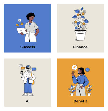 Success, finance, artificial intelligence and benefit business cards, outlined flat characters. Vector concept set