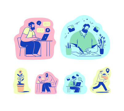 Remote work, creative writing, analysis and delivery scenes, minimal line style in pastel colors. Vector set