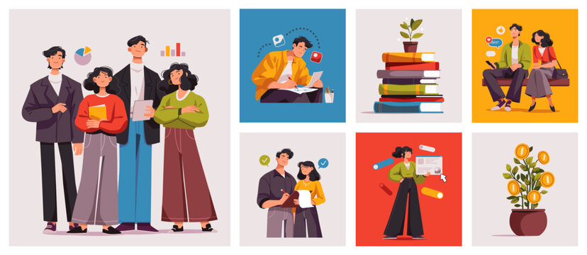Business team, education, communication and finance scenes, flat cartoon characters in bright colors. Vector set