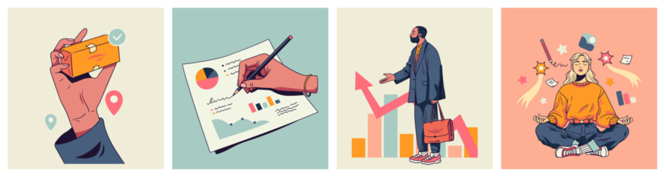 Delivery tracking, data analysis, business growth and balance scenes, retro flat style in muted palette. Vector set