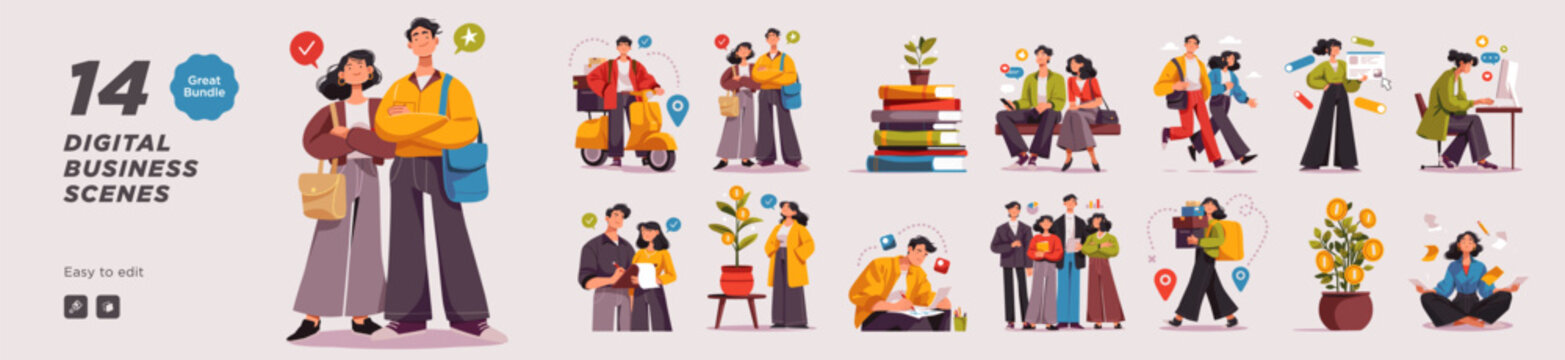 Digital business scenes banner with couple and character thumbnails, flat cartoon style. Vector collection header