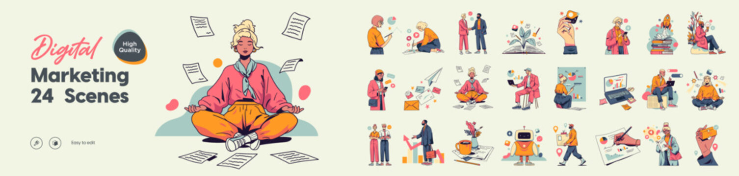 Digital marketing scenes banner with meditating character and thumbnails, retro flat style. Vector collection header