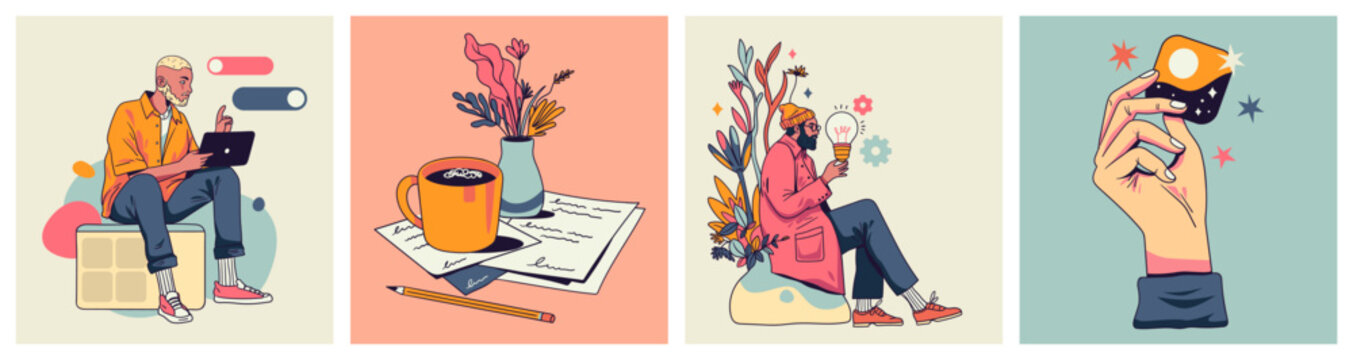 Freelance work, coffee break, idea and mobile payment scenes, retro flat characters in muted palette. Vector set