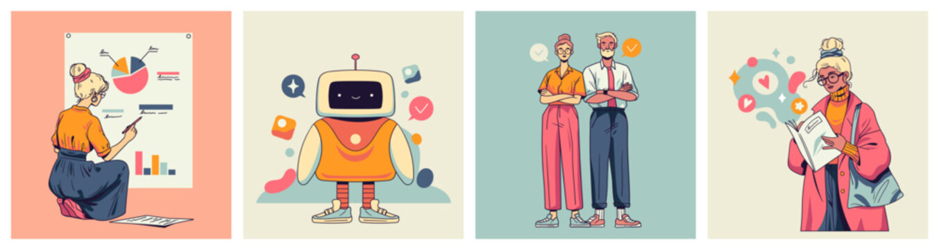 Presentation, chatbot robot, business partners and reading scenes, retro flat characters in muted palette. Vector set
