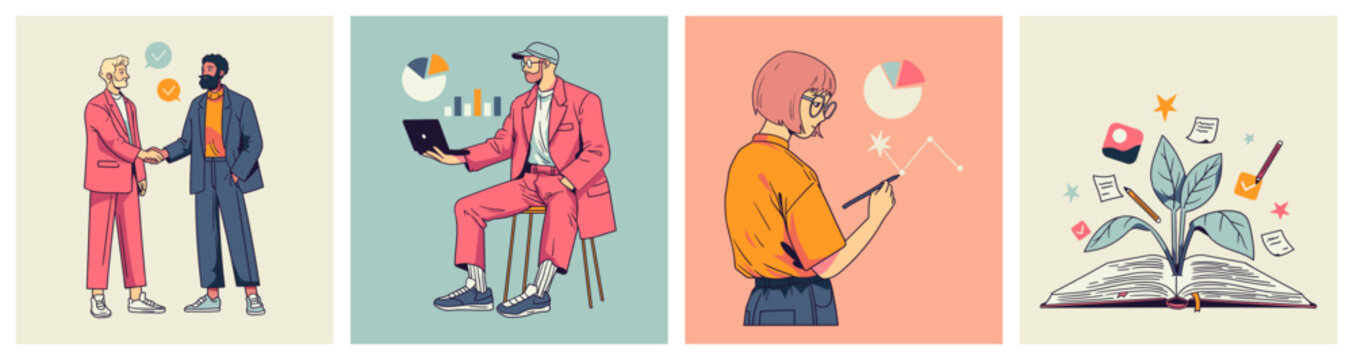 Handshake deal, remote work, data analysis and knowledge growth scenes, retro flat characters. Vector concept set