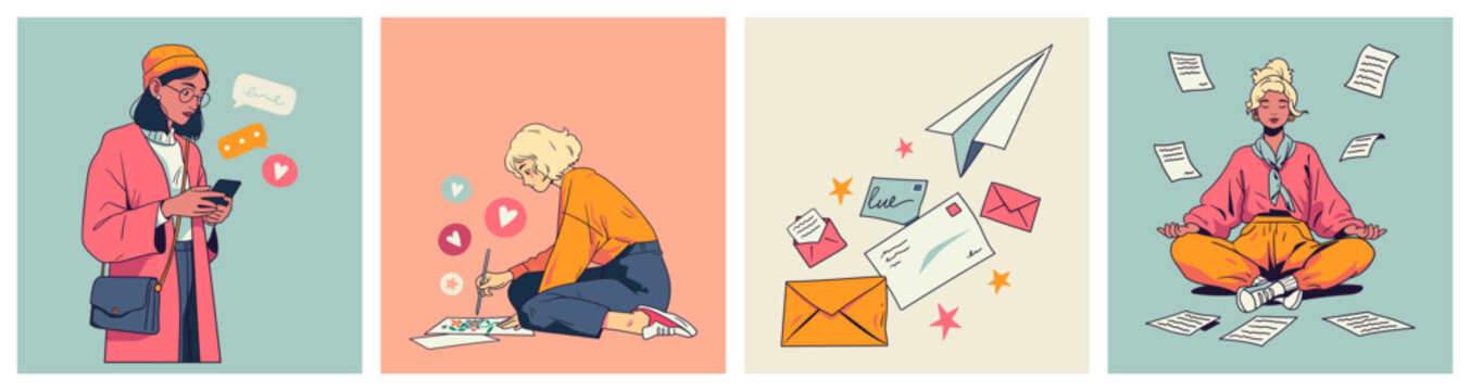 Social media, content creation, email marketing and work balance scenes, retro flat characters. Vector concept set