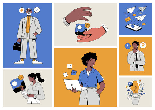 Business people concept collage with idea bulb, messaging, teamwork and success, outlined flat style. Vector set