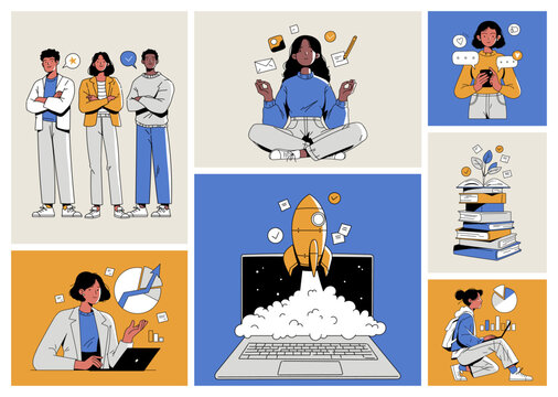Business concept scene collage, outlined flat characters with rocket, books, charts and teamwork. Vector set