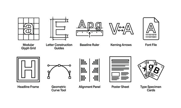 Neo Grotesque Typography Tools, line icon set featuring modular glyph grid, letter construction guides, baseline ruler, kerning arrows, font file, headline frame, geometric curve tool, alignment