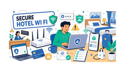 Fototapeta premium Hotel Wi Fi Safety. A clean editorial banner showing a traveler securing an oversized hotel Wi-Fi router and laptop, with a smartphone lock, VPN shield, password, hotel room, warning sign, credit