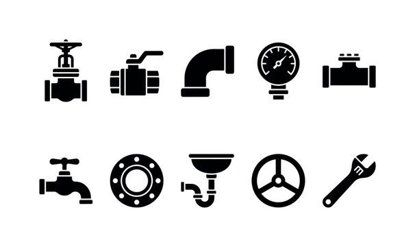 Industrial Valve Pipeline, solid glyph icon set featuring gate valve, ball valve, pipeline elbow, pressure gauge, gas pipe, faucet valve, flange, drain pipe, control wheel and engineering wrench,