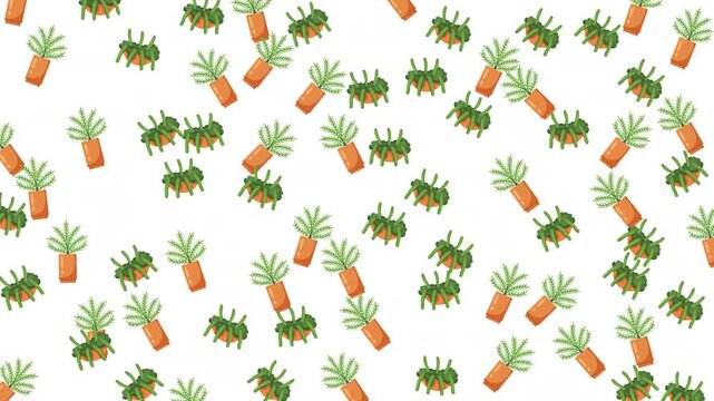 Seamless Pattern of Various Potted Green Houseplants and Decorative Foliage on White Background