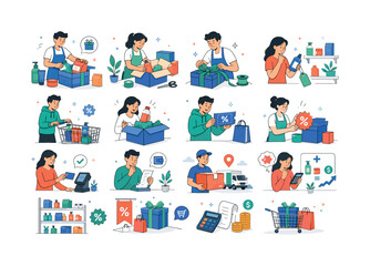 Fototapeta premium Bundle Deal Promotion. Product combinations, gift boxes, ribbons, pricing, carts, coupons, discounts, receipts, payments, delivery, shelves, and savings calculations. 12 minimalist editorial vector