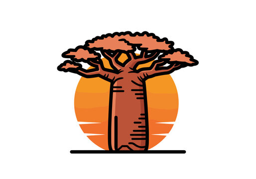 African baobab tree vector illustration with sunset background