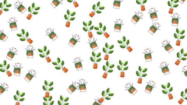 Seamless illustrative pattern of various green potted houseplants on white background