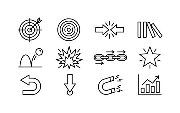 Impact And Effect, line icon set featuring target hit, ripple circle, collision arrows, domino effect, bouncing ball, shockwave, cause-and-effect chain, positive impact star, return arrow, pressure
