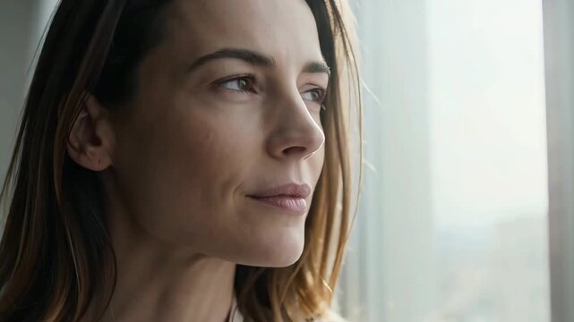 Close up of a thoughtful woman looking out a bright window, moving from a neutral expression to a smile in soft natural daylight.