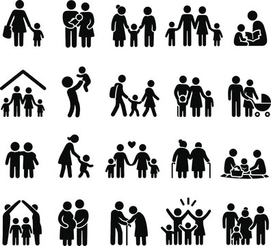 Monochrome stick figure family vector mega pack with pregnancy, elderly care, and picnic activities.