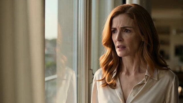 Mature woman at home looking out window, facial expression changing from calm smile to shock and distress, golden hour lighting.