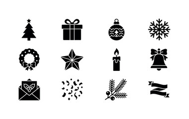 Fototapeta premium Colorful Holiday Decor, solid glyph icon set featuring Christmas tree, gift box, ornament, snowflake, wreath, star, candle, festive bell, greeting envelope, party confetti, winter branch, and ribbon,
