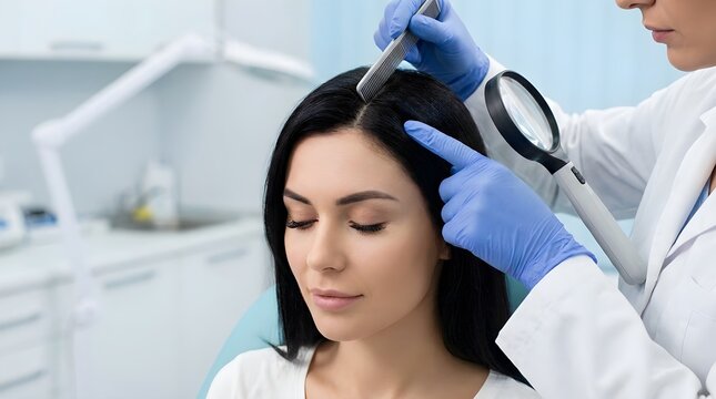 Professional dermatologist examining woman's scalp with magnifying glass in medical clinic