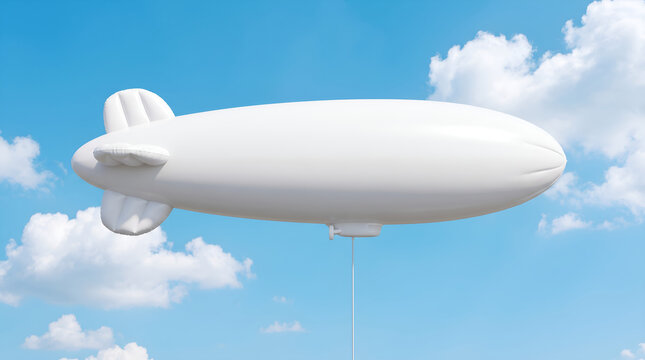 Blank white airship blimp mockup floating in the blue sky with fluffy clouds for advertising