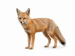 Fototapeta premium Red fox standing alert in white studio background for wildlife conservation and nature themes