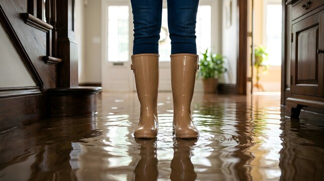 Person Wearing Rubber Rain Boots Standing in a Flooded House Hallway After a Severe Storm or Leak