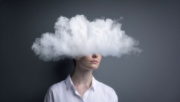 Conceptual 3D illustration of a young woman with a fluffy white cloud covering her upper head, symbolizing brain fog, confusion, or mental health over a clean dark grey background